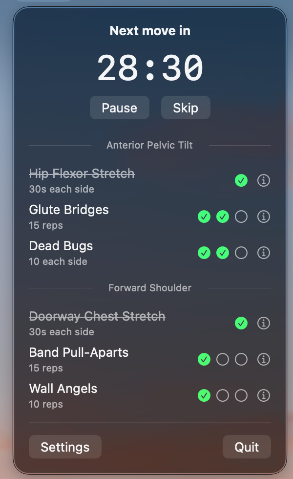 Lumbar Jack in Move mode showing a Next move countdown and an exercise checklist.