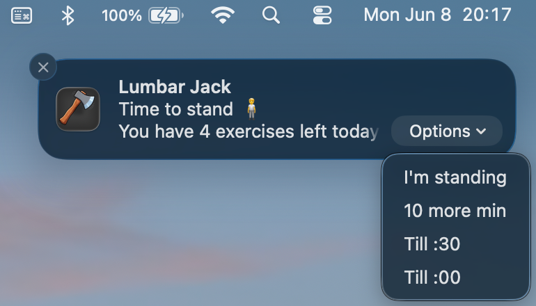 A macOS notification from Lumbar Jack reading 'Time to stand — you have 4 exercises left today', with an Options menu offering I'm standing, 10 more min, Till :30, and Till :00.