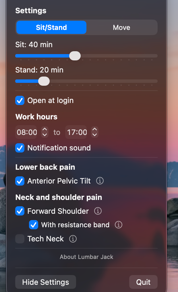Lumbar Jack settings panel showing the mode toggle, interval slider, and posture fix options.