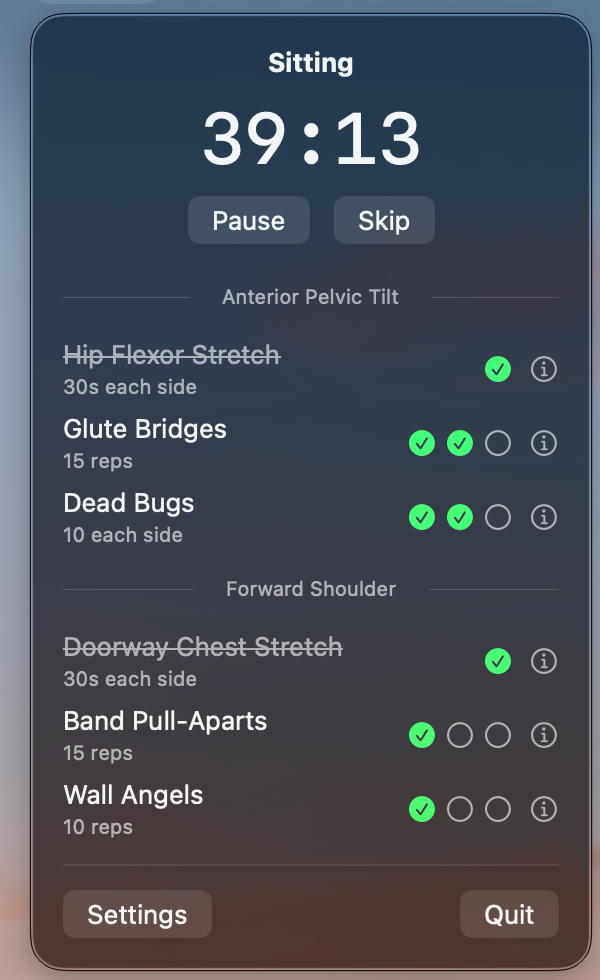 Lumbar Jack in Sit/Stand mode showing a Sitting countdown timer and a checklist of posture exercises.